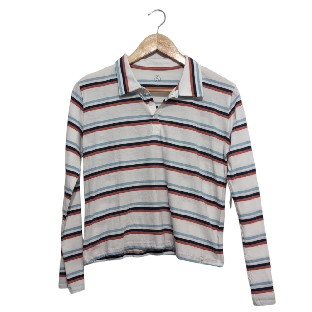 Treasure & Bond Long Sleeve‎ Semi Crop Top Womens XS White Stripe Multicolor